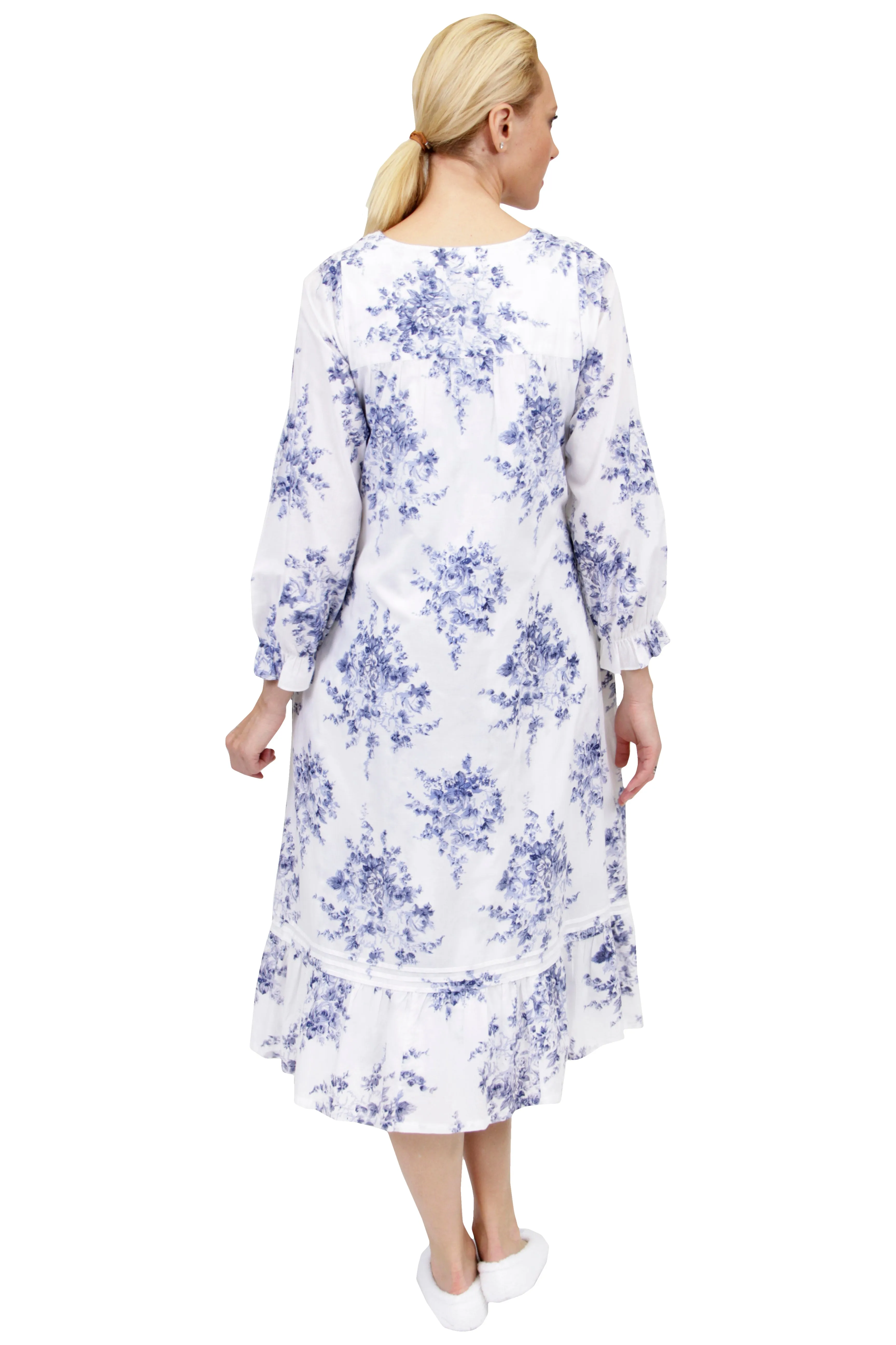 100% Cotton Lace Trim Flounce Robe Gown- Blue and White Floral Print