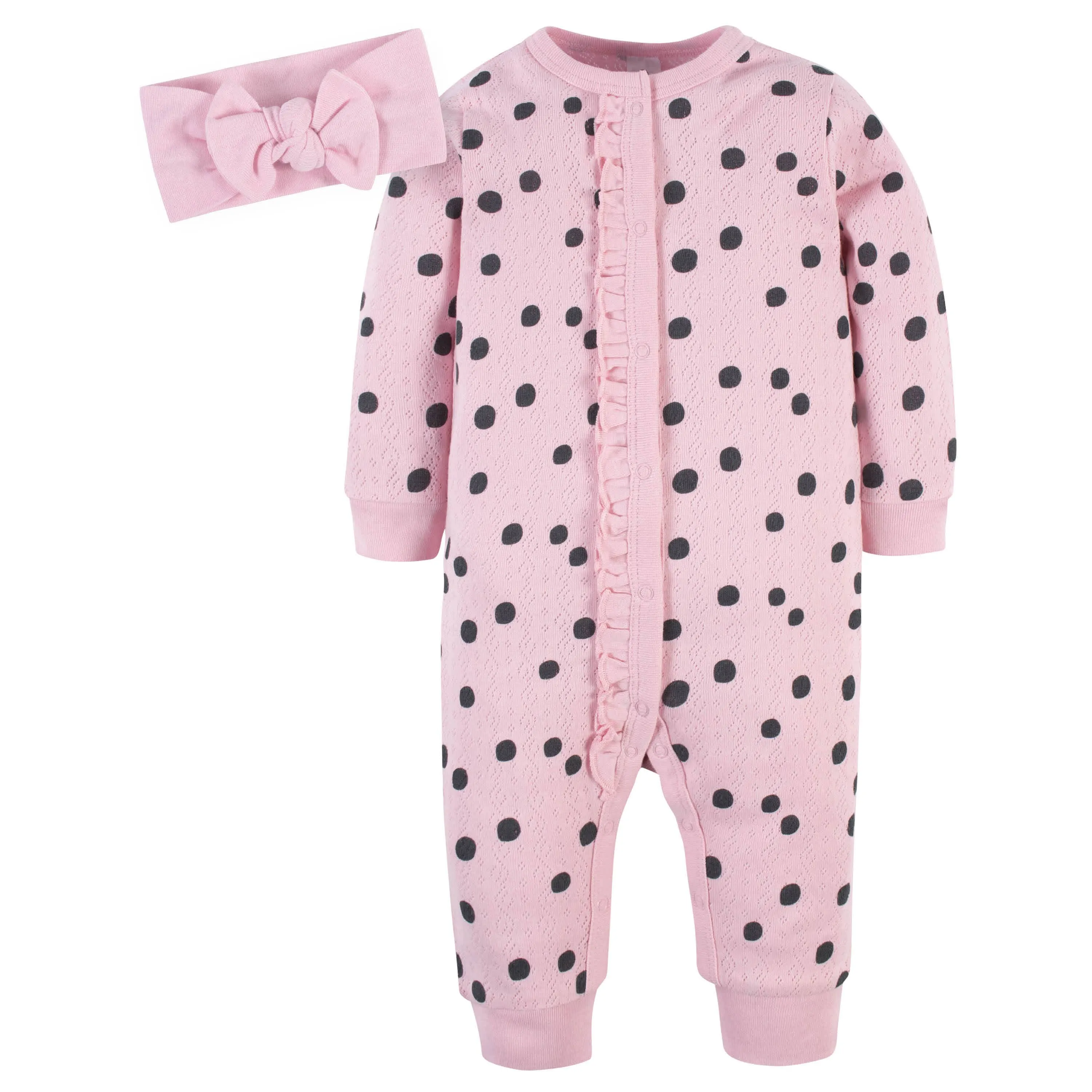 2-Piece Baby Girls Pink A Dots Coverall & Headband Set