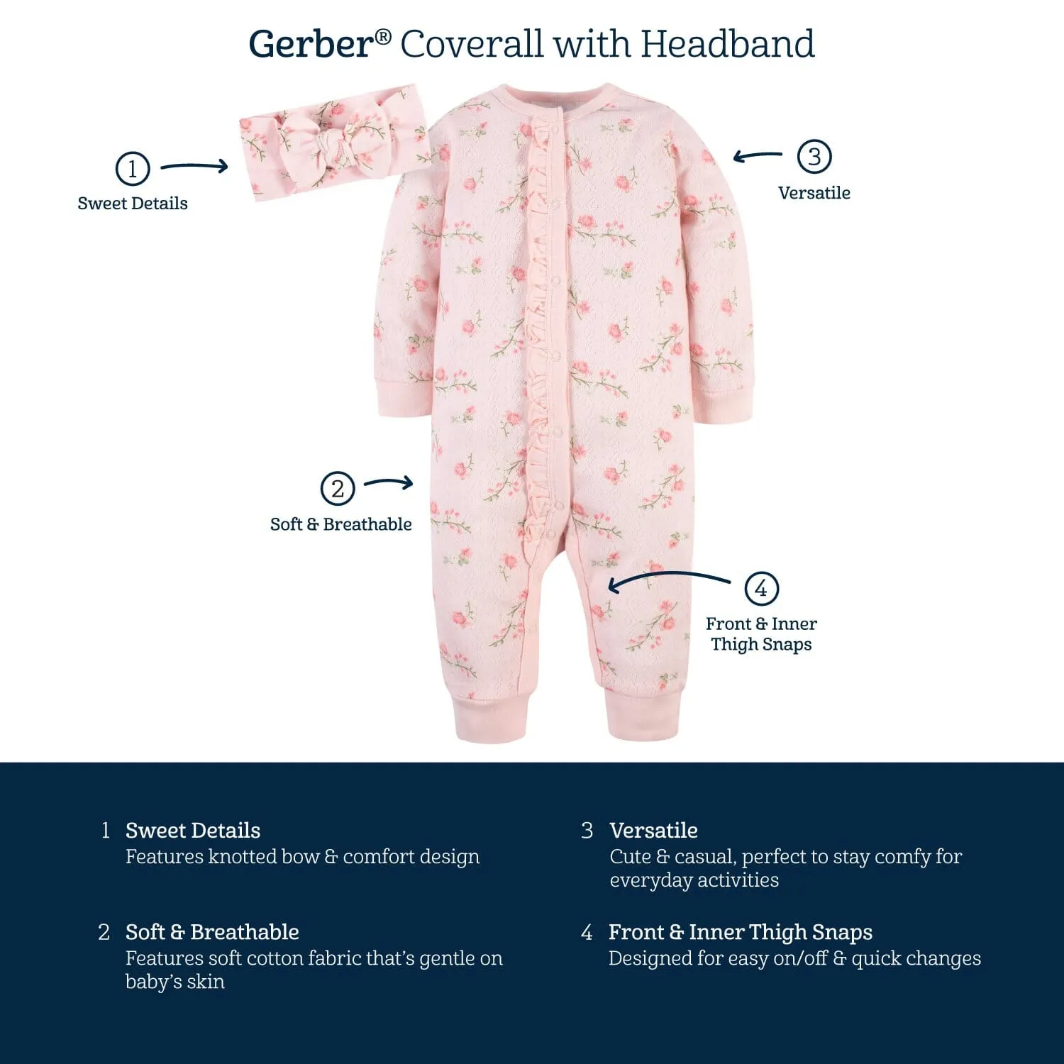 2-Piece Baby Girls Pink A Dots Coverall & Headband Set