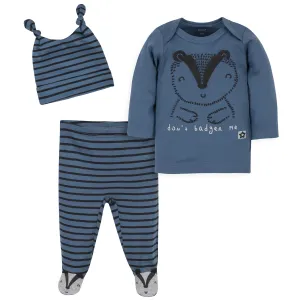 3-Piece Baby Boys Comfy Stretch Badger Shirt, Footed Pant and Cap Set