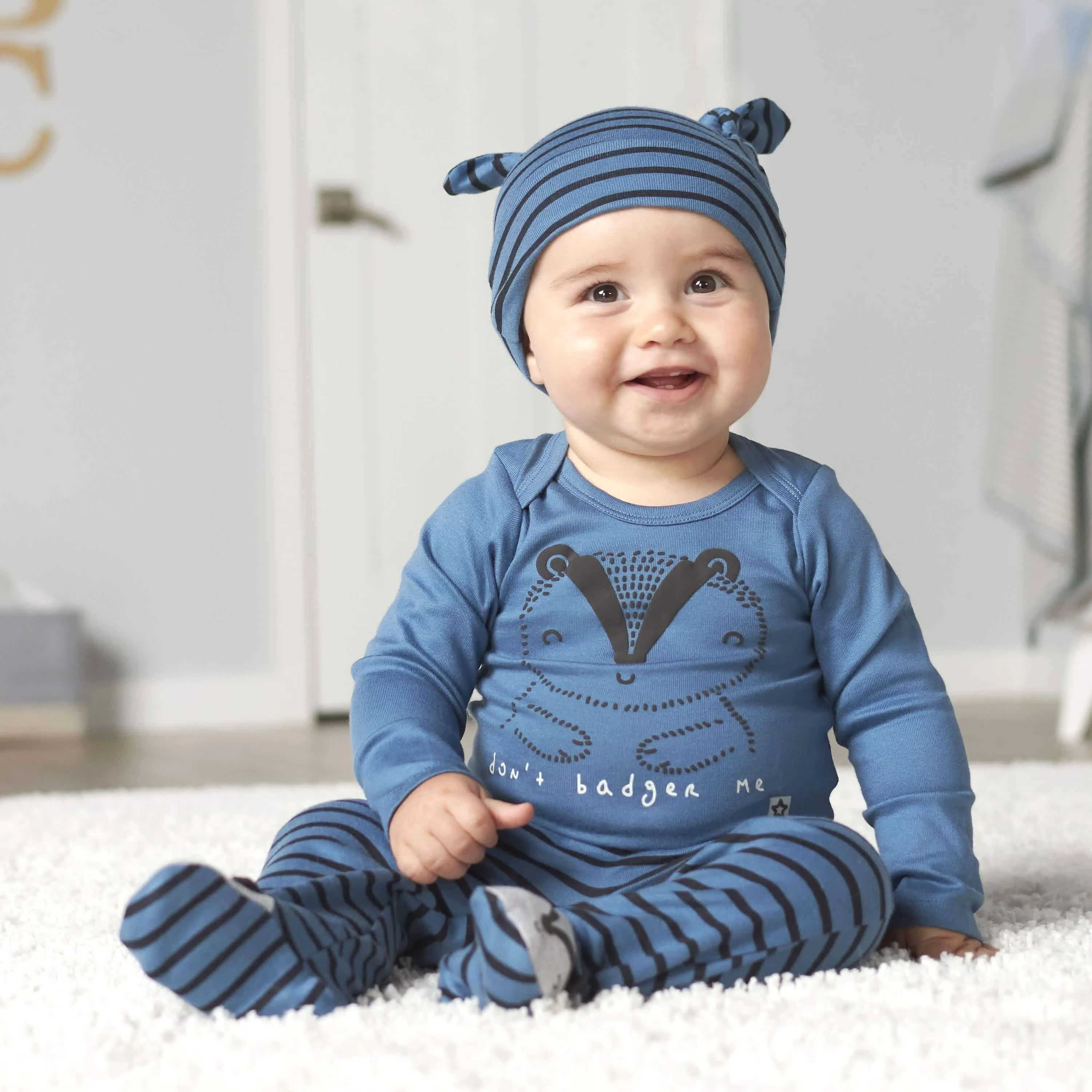 3-Piece Baby Boys Comfy Stretch Badger Shirt, Footed Pant and Cap Set