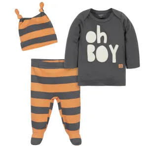 3-Piece Baby Boys Comfy Stretch "Oh Boy" Shirt, Footed Pant and Cap Set