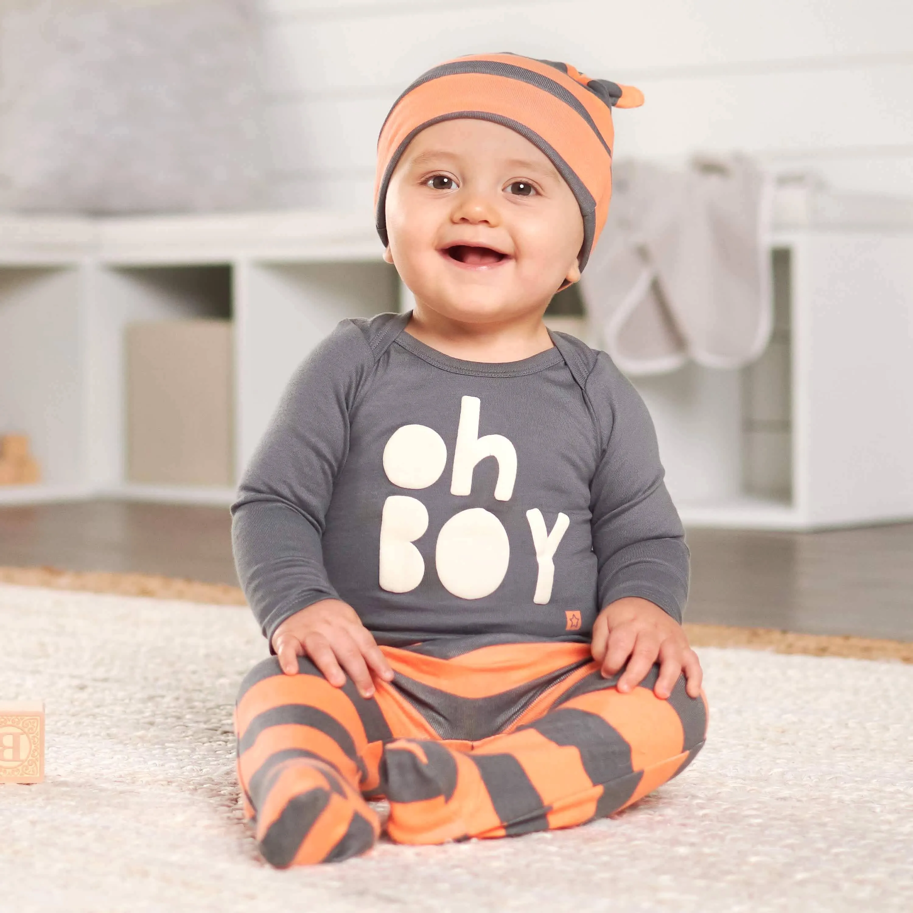 3-Piece Baby Boys Comfy Stretch "Oh Boy" Shirt, Footed Pant and Cap Set