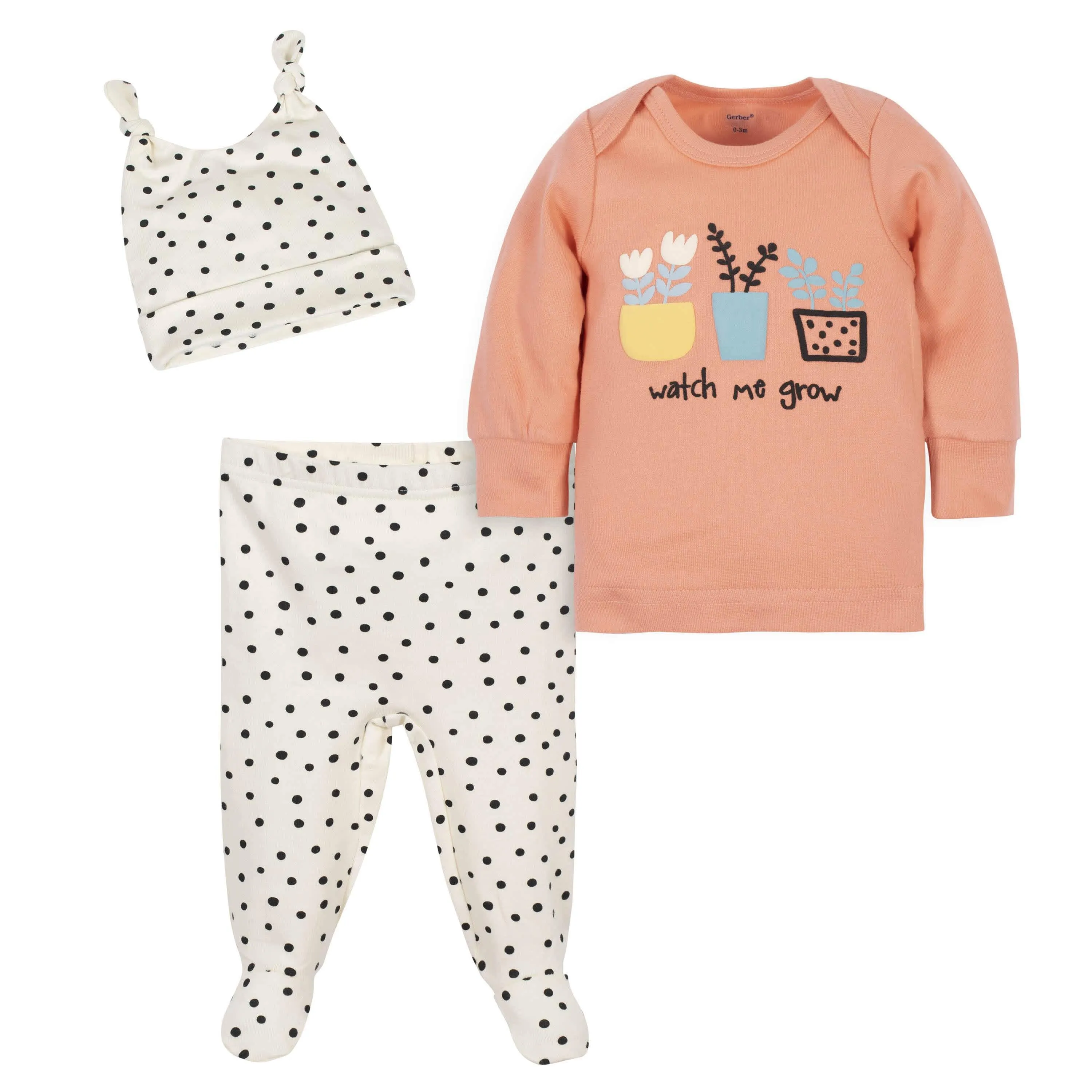 3-Piece Baby Girls Comfy Stretch "Watch Me Grow" Shirt, Footed Pant and Cap Set