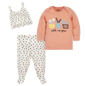 3-Piece Baby Girls Comfy Stretch "Watch Me Grow" Shirt, Footed Pant and Cap Set