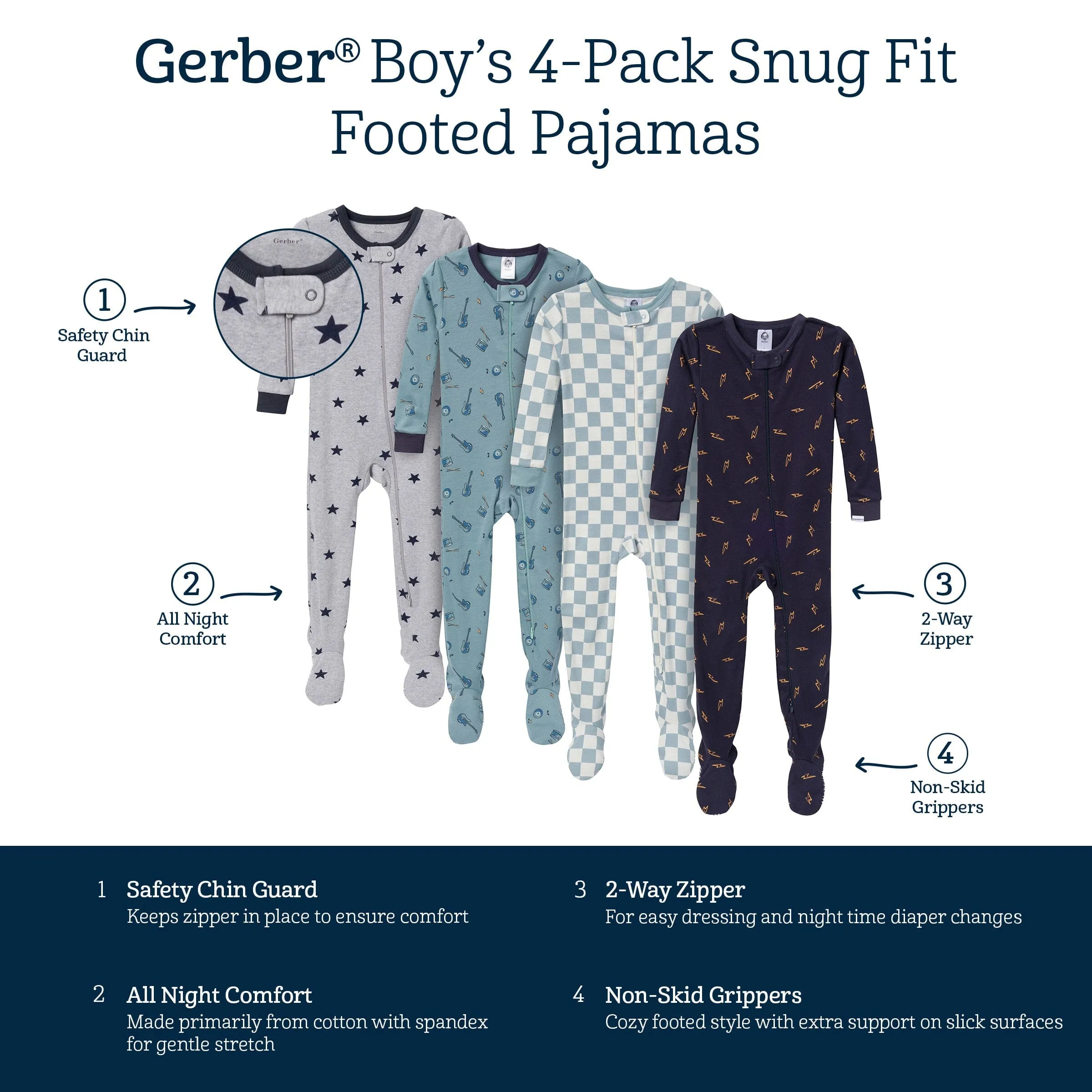 4-Pack Baby & Toddler Boys Music Snug Fit Footed Pajamas