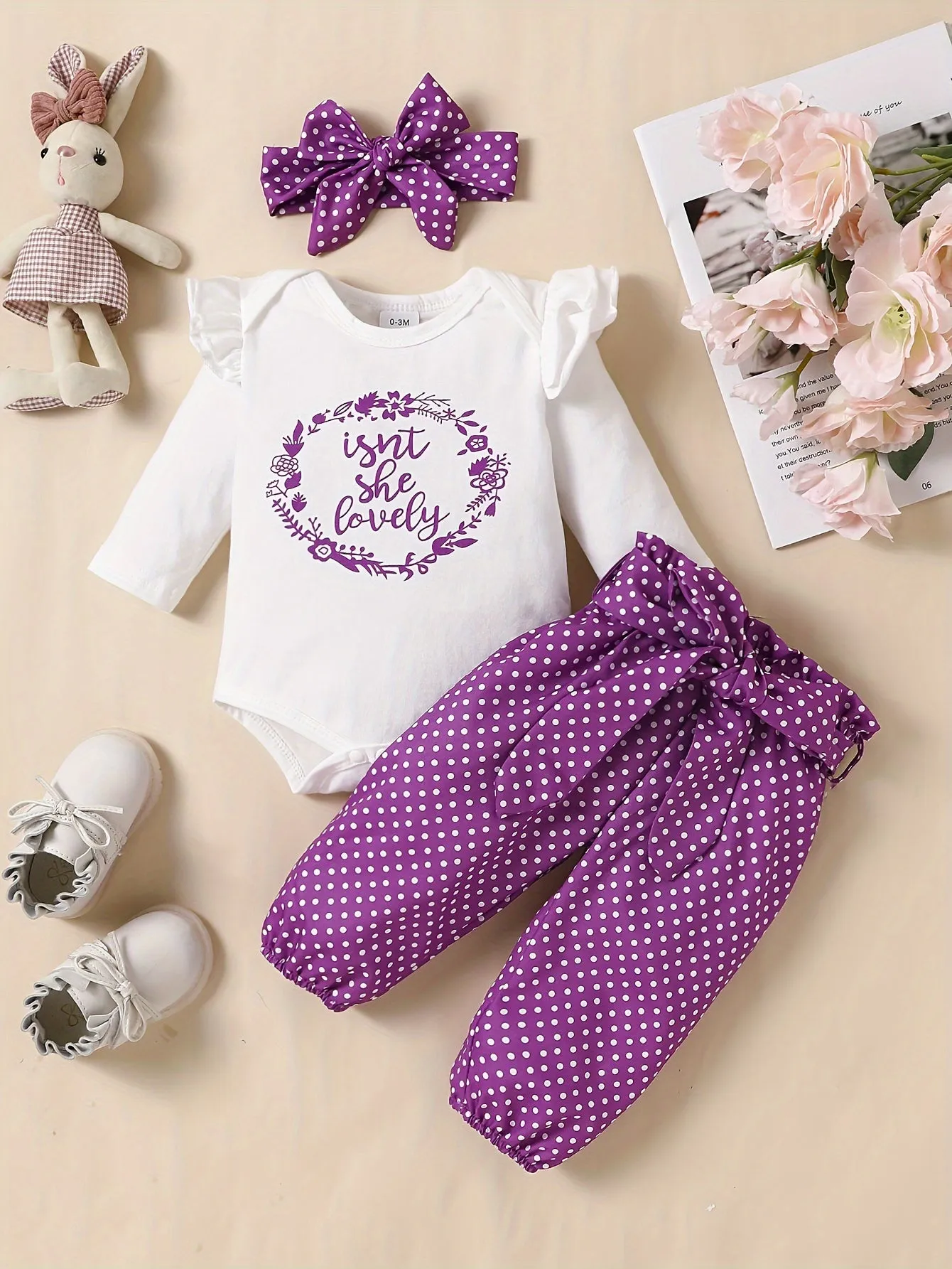 Adorable 4pc Baby Girl Outfit Set Romper Pants Headband