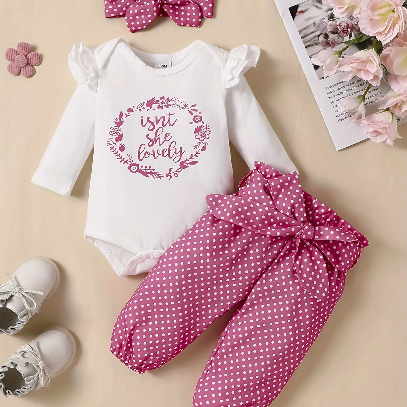 Adorable 4pc Baby Girl Outfit Set Romper Pants Headband