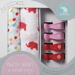 All4Ella Muslin Baby Swaddle Wraps & Pram Pegs Set - Elephants & Spots Red