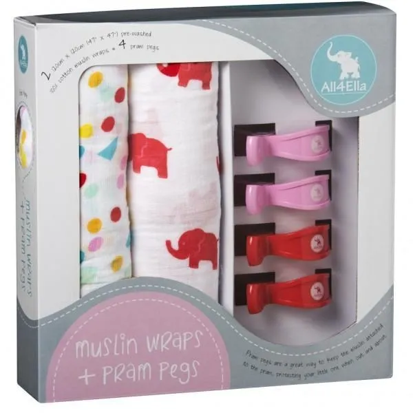 All4Ella Muslin Baby Swaddle Wraps & Pram Pegs Set - Elephants & Spots Red