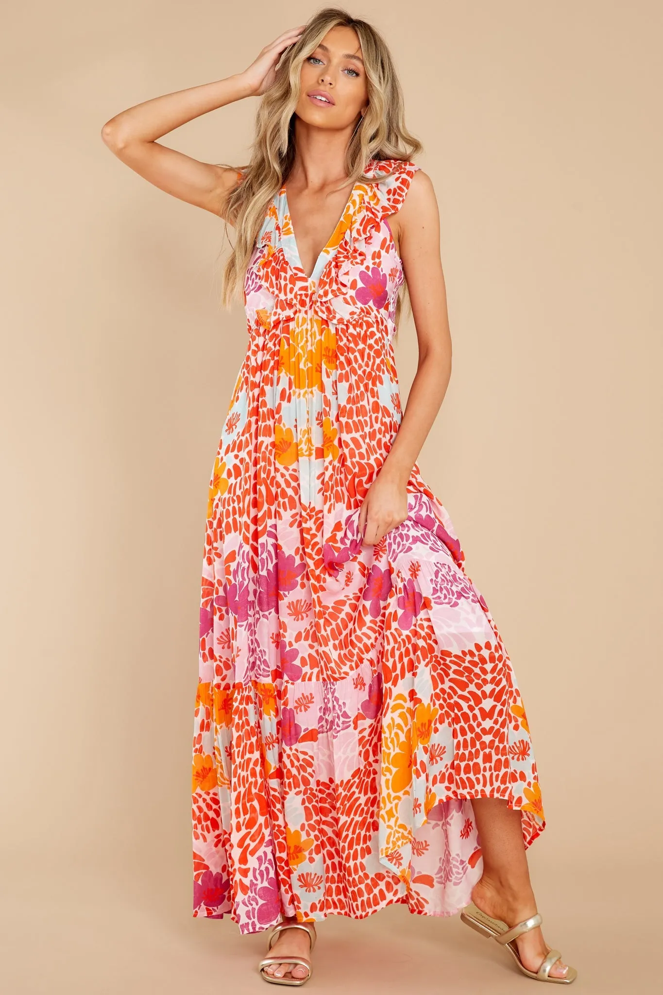 Antigua Orange Ruffle V-Neck Maxi Dress