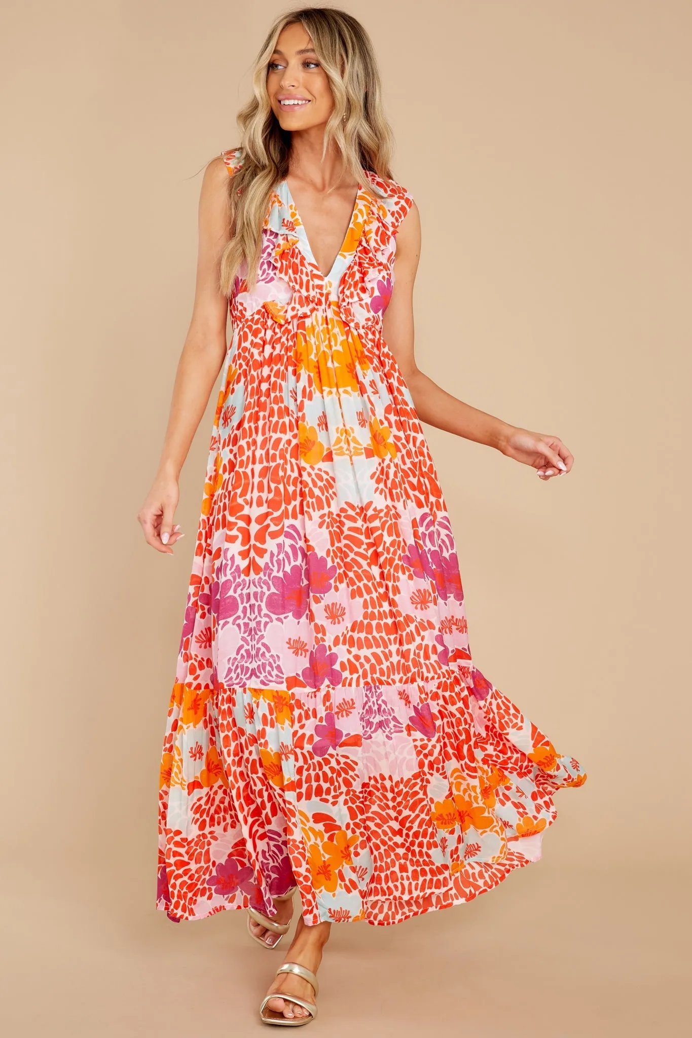 Antigua Orange Ruffle V-Neck Maxi Dress