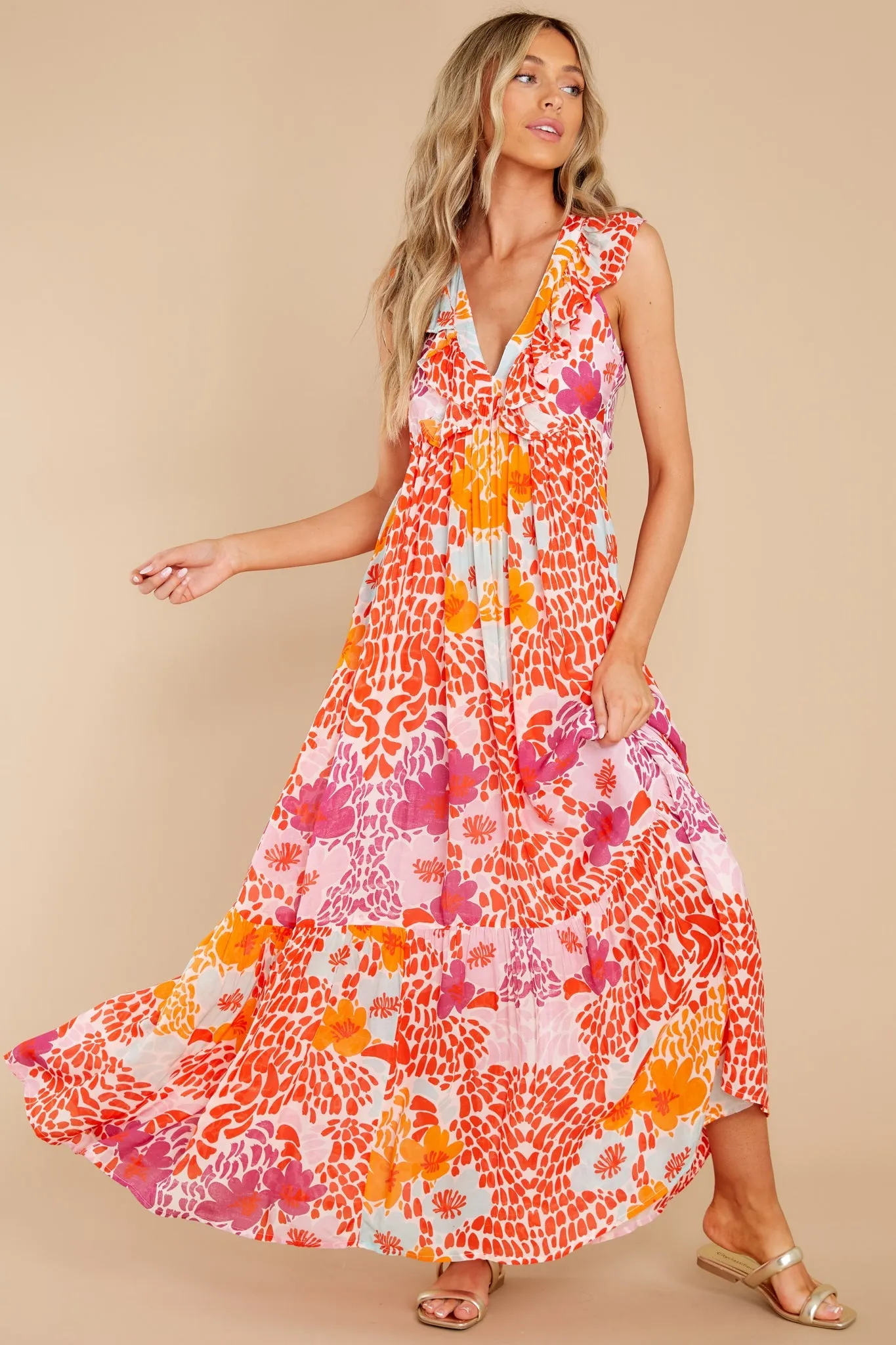 Antigua Orange Ruffle V-Neck Maxi Dress