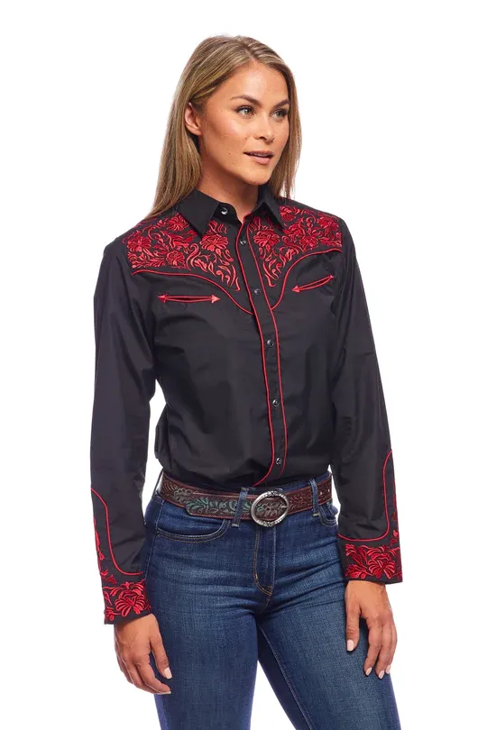 Avalon Women's Black and Red Rose Shirt