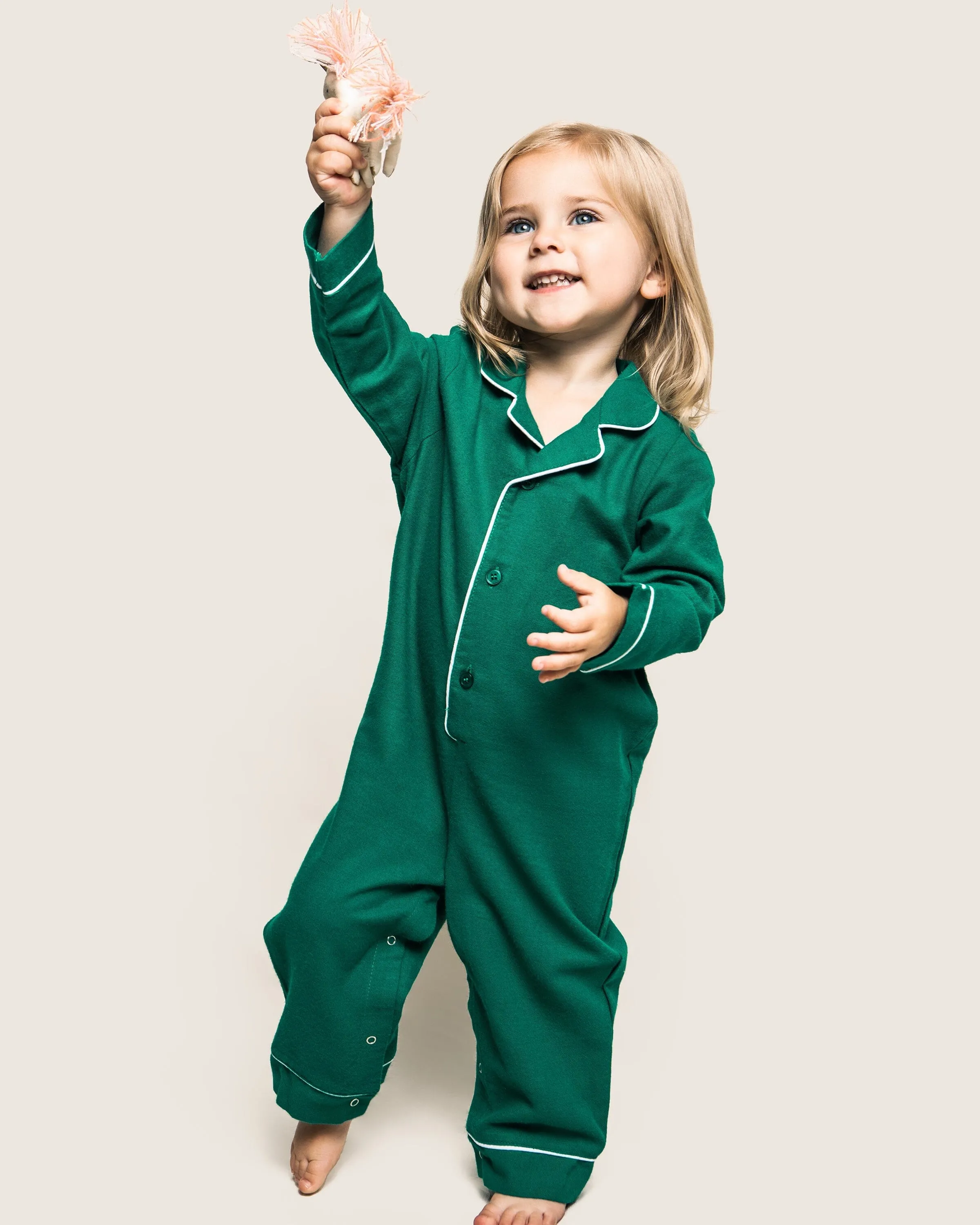 Baby's Flannel Romper | Forest Green with White Piping