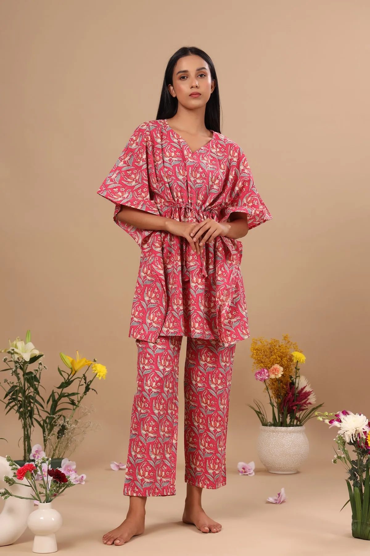 Bagru Batik Print on Pink Kaftan Pajama