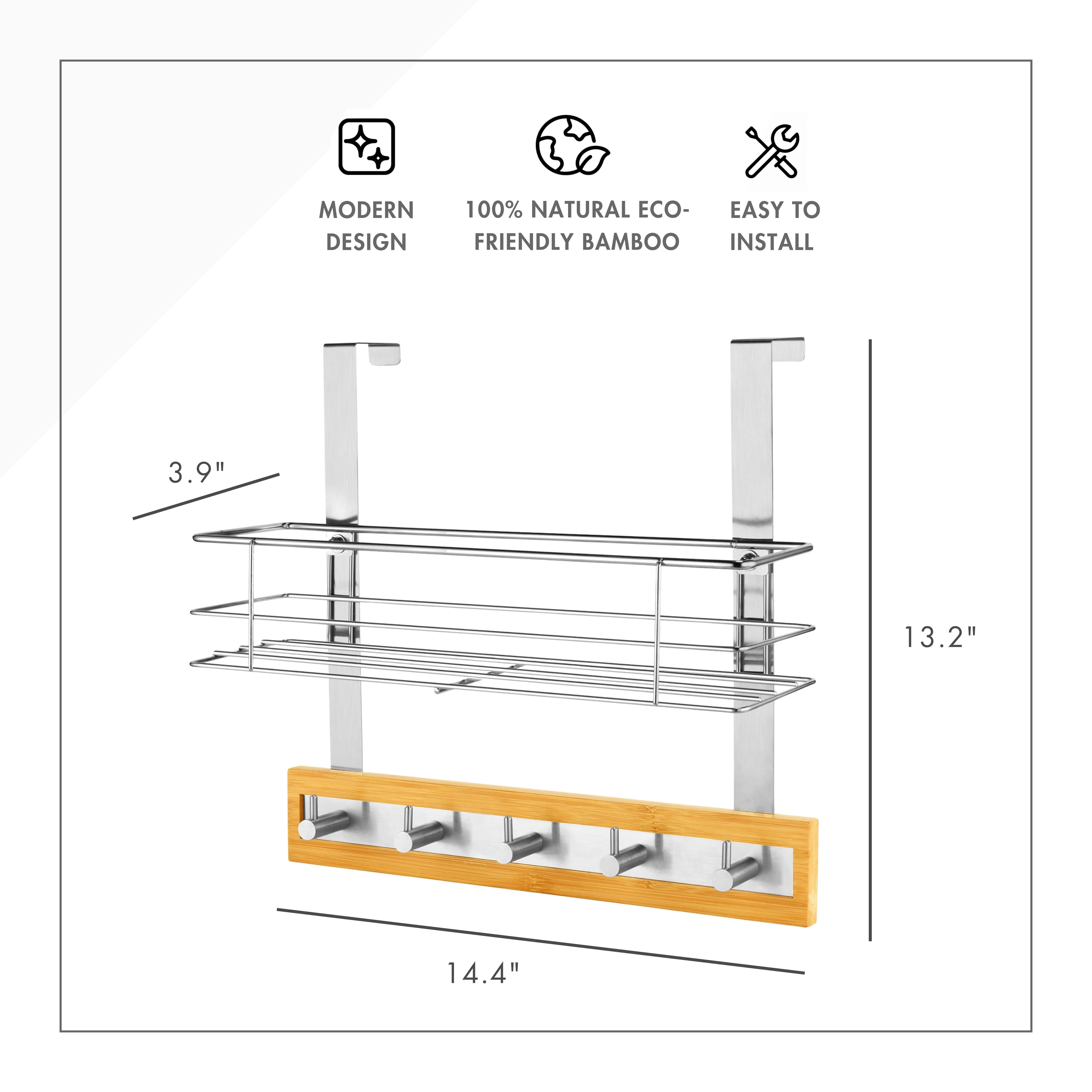 Bamboo Stainless Steel Over-the-Door Hooks with Basket