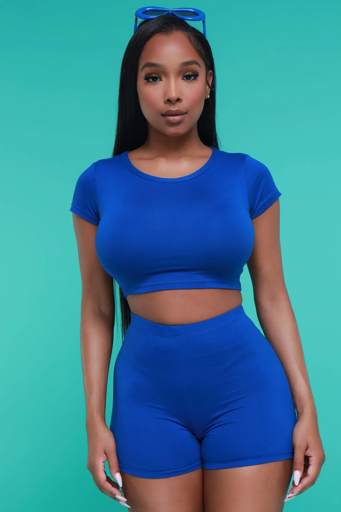 Best Shot Short Sleeve Cropped Biker Set - Royal Blue