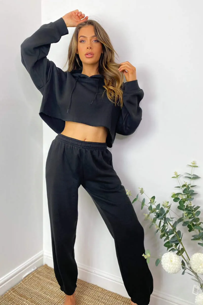 Black Cropped Hoodie Lounge Set