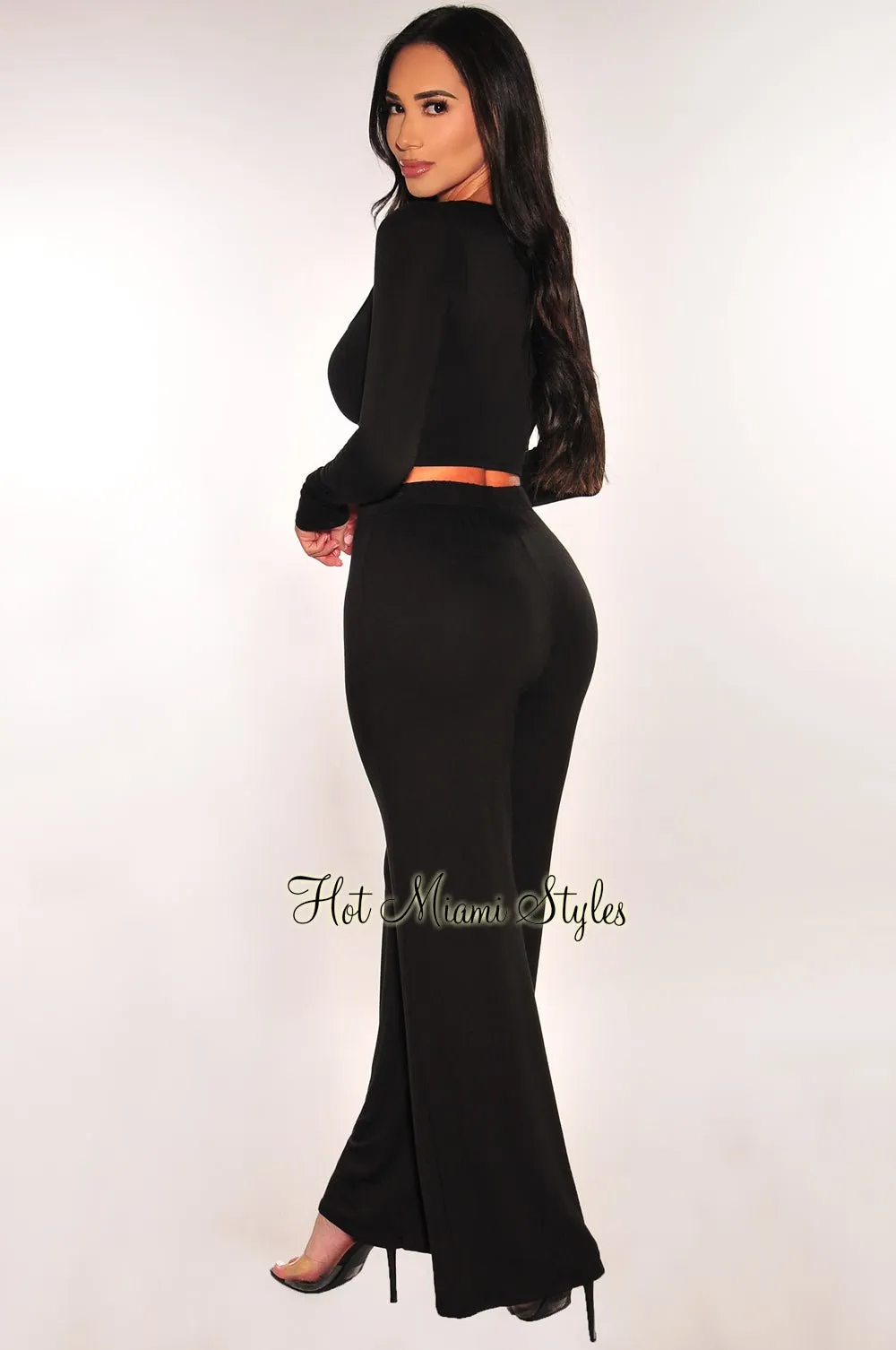 Black Round Neck Long Sleeve High Waist Wide Leg Pants Two Piece Set