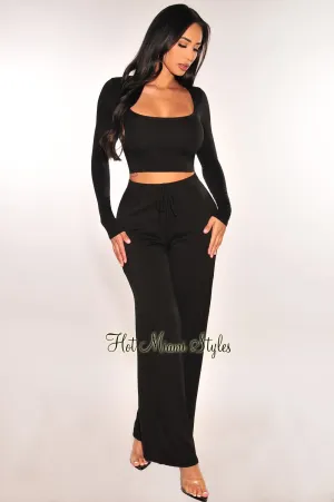 Black Round Neck Long Sleeve High Waist Wide Leg Pants Two Piece Set