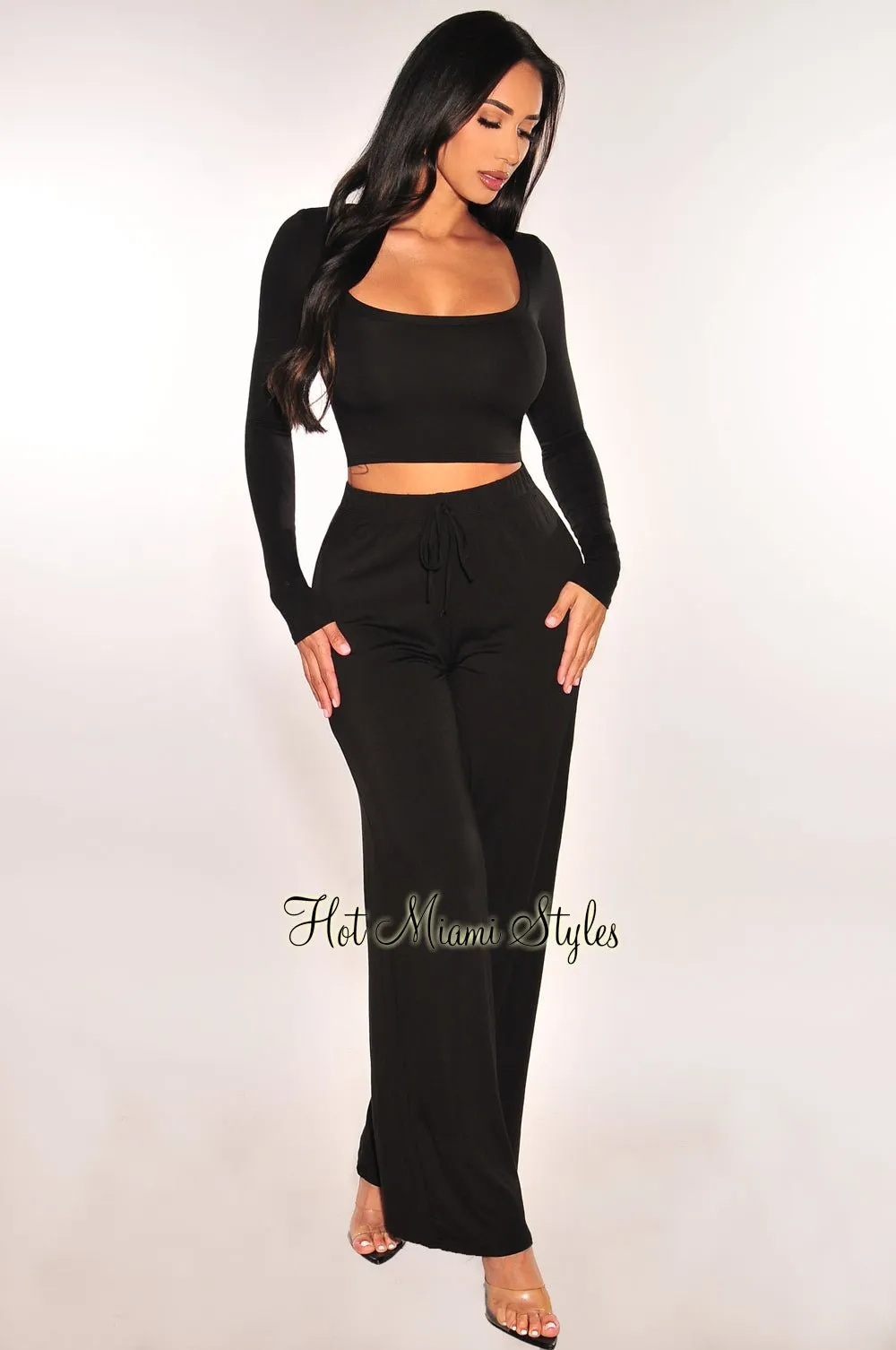 Black Round Neck Long Sleeve High Waist Wide Leg Pants Two Piece Set