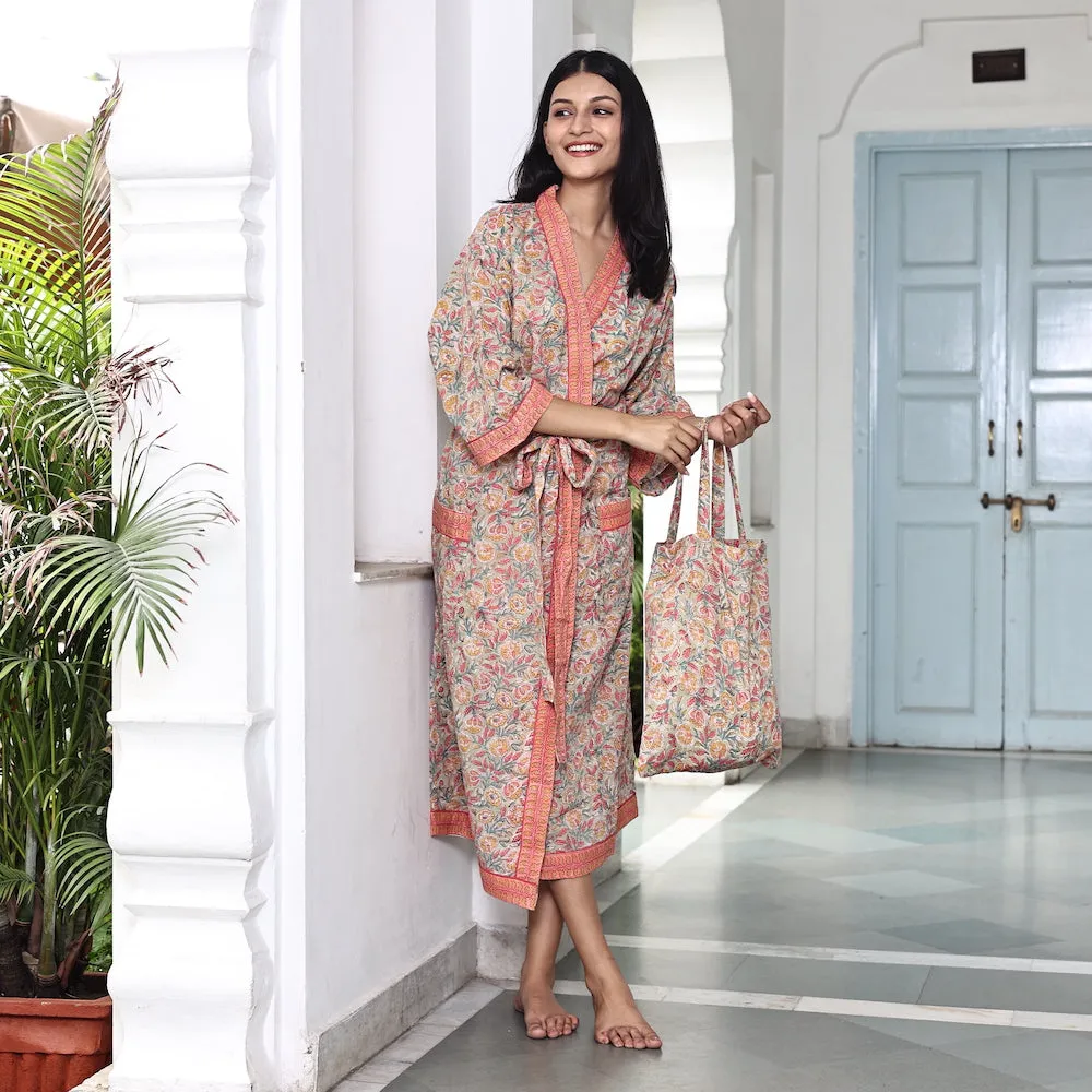 Block Printed Robe and Matching Bag in Ecru