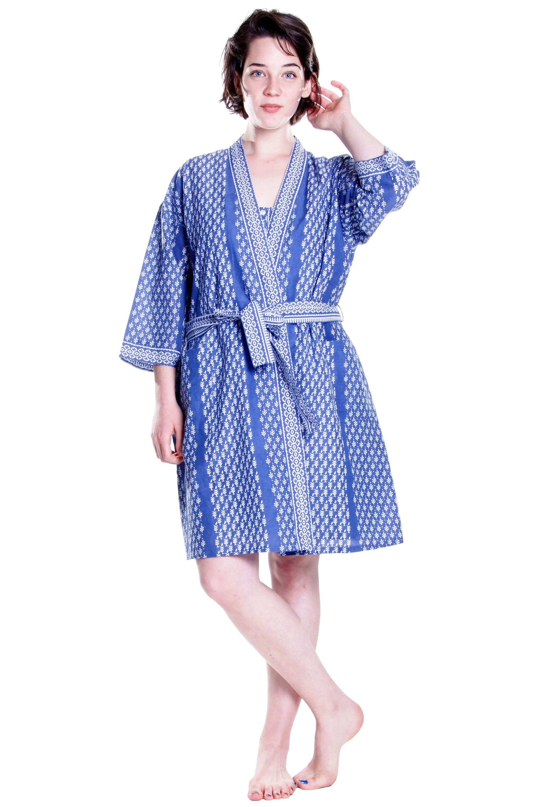 Blue Batik Print Short Cotton Robe