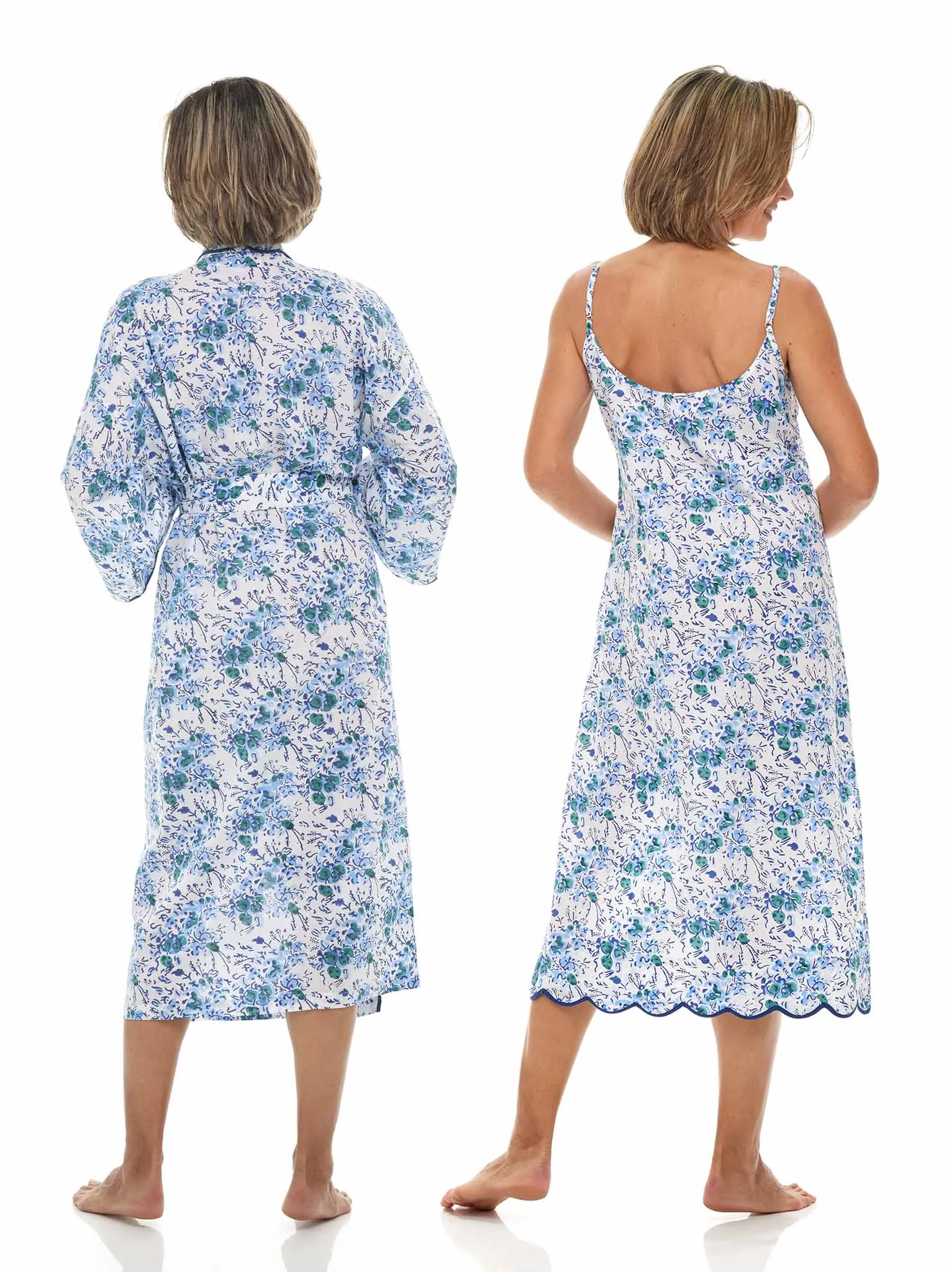 Blue Floral Bundle: Kimono Robe and Slip Nightgown