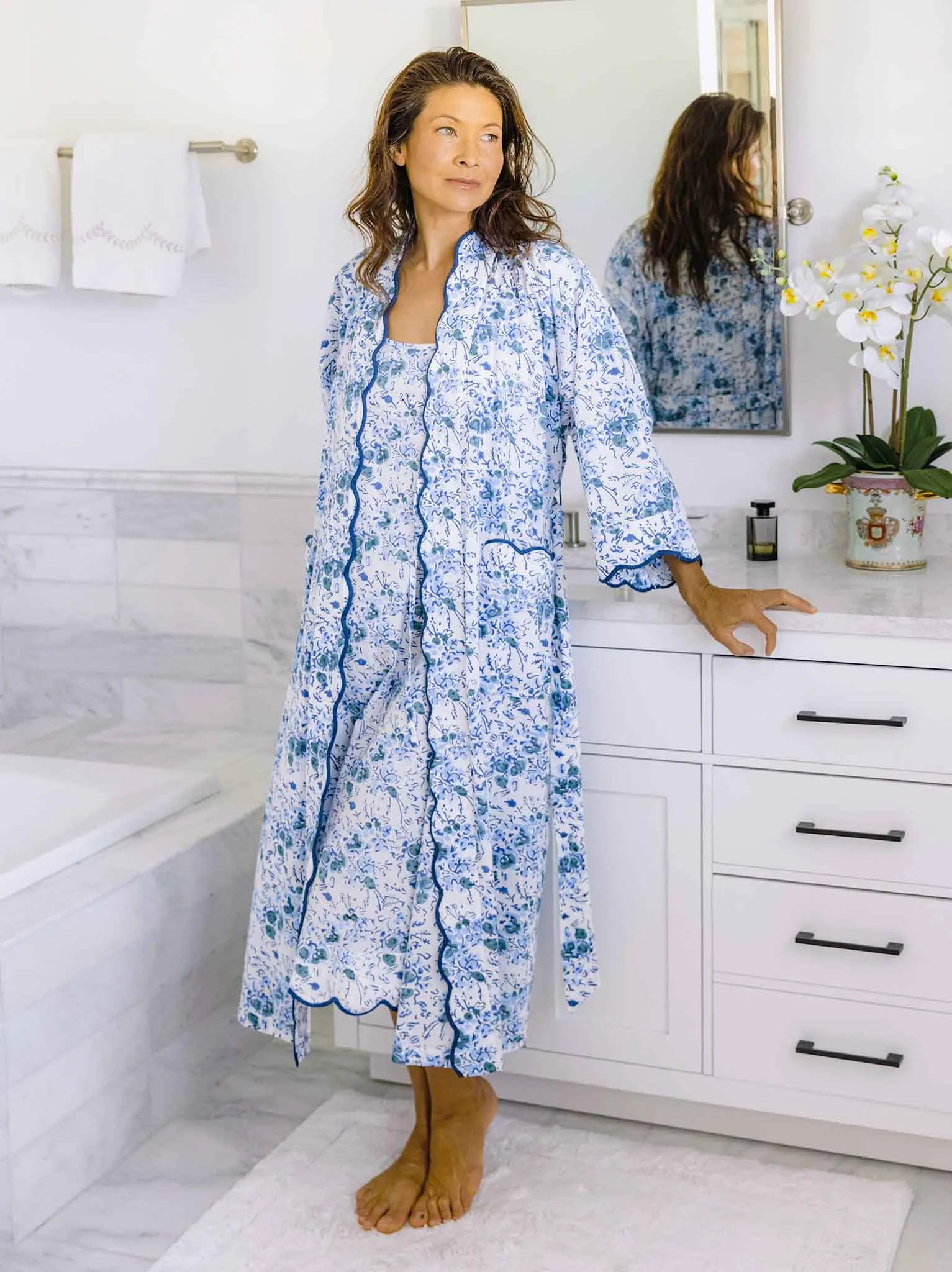 Blue Floral Bundle: Kimono Robe and Slip Nightgown