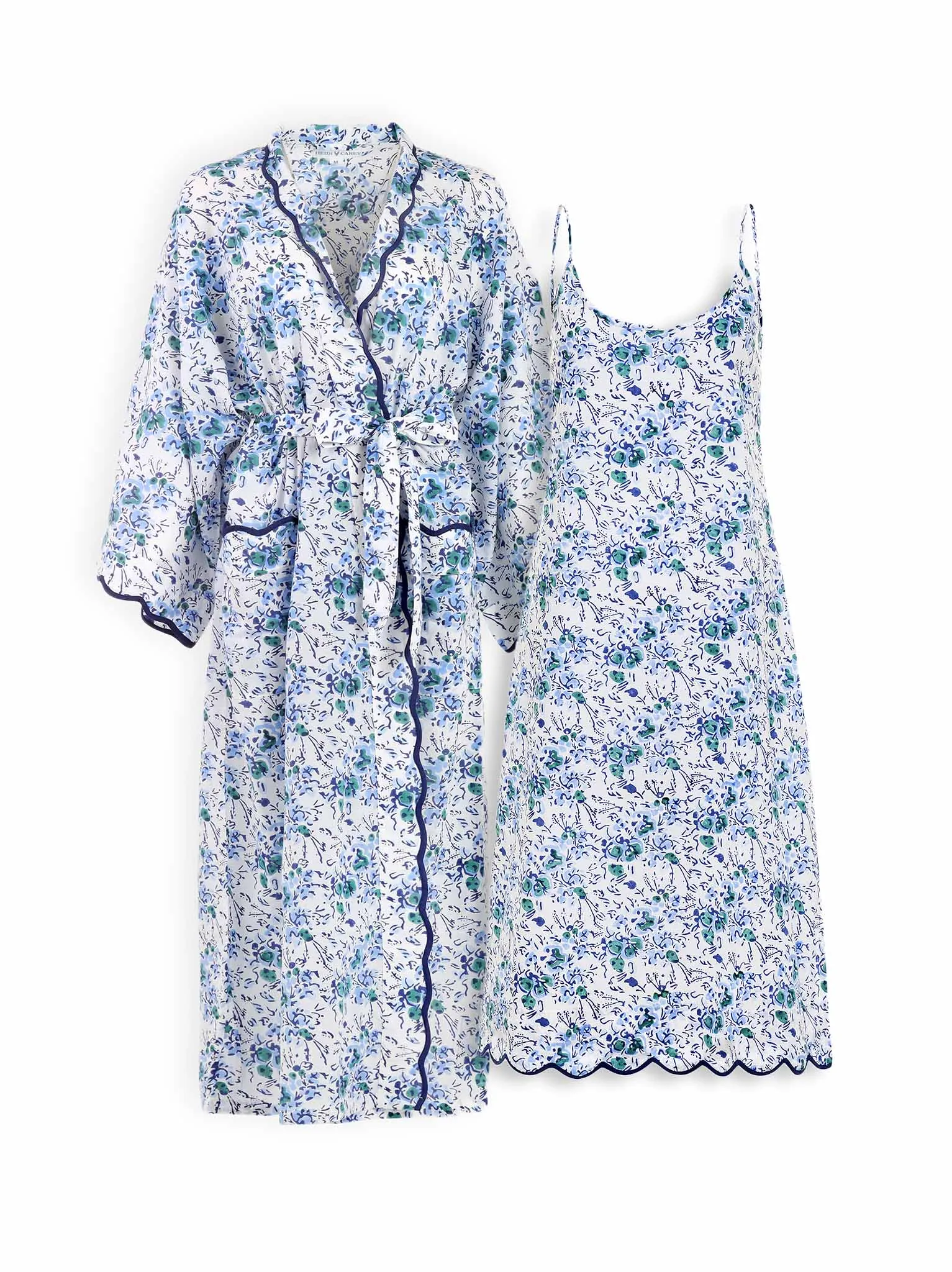 Blue Floral Bundle: Kimono Robe and Slip Nightgown