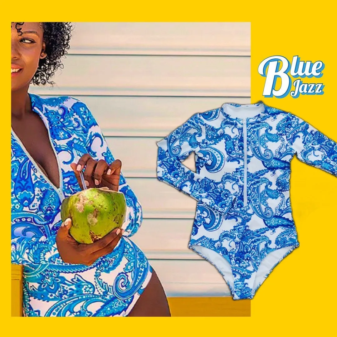 Blue Jazz Swim one-piece rashguard surfsuit swimsuit lined white royal blue turquoise paisley modest full coverage women longsleeve