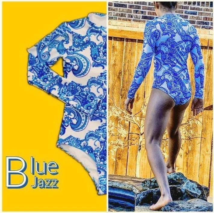 Blue Jazz Swim one-piece rashguard surfsuit swimsuit lined white royal blue turquoise paisley modest full coverage women longsleeve