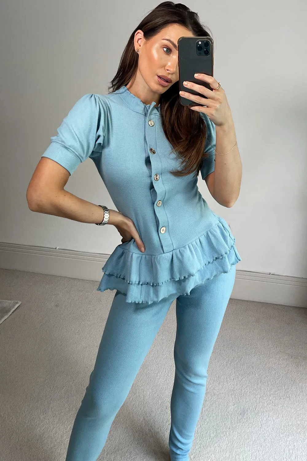 Blue Ribbed Frill Buttoned Loungewear Set