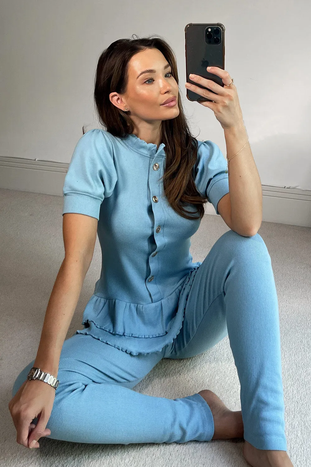 Blue Ribbed Frill Buttoned Loungewear Set