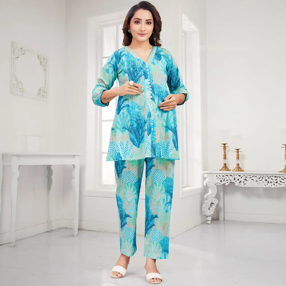 Blue Tropical Printed Nursing Maternity Co-Ord Cotton Set