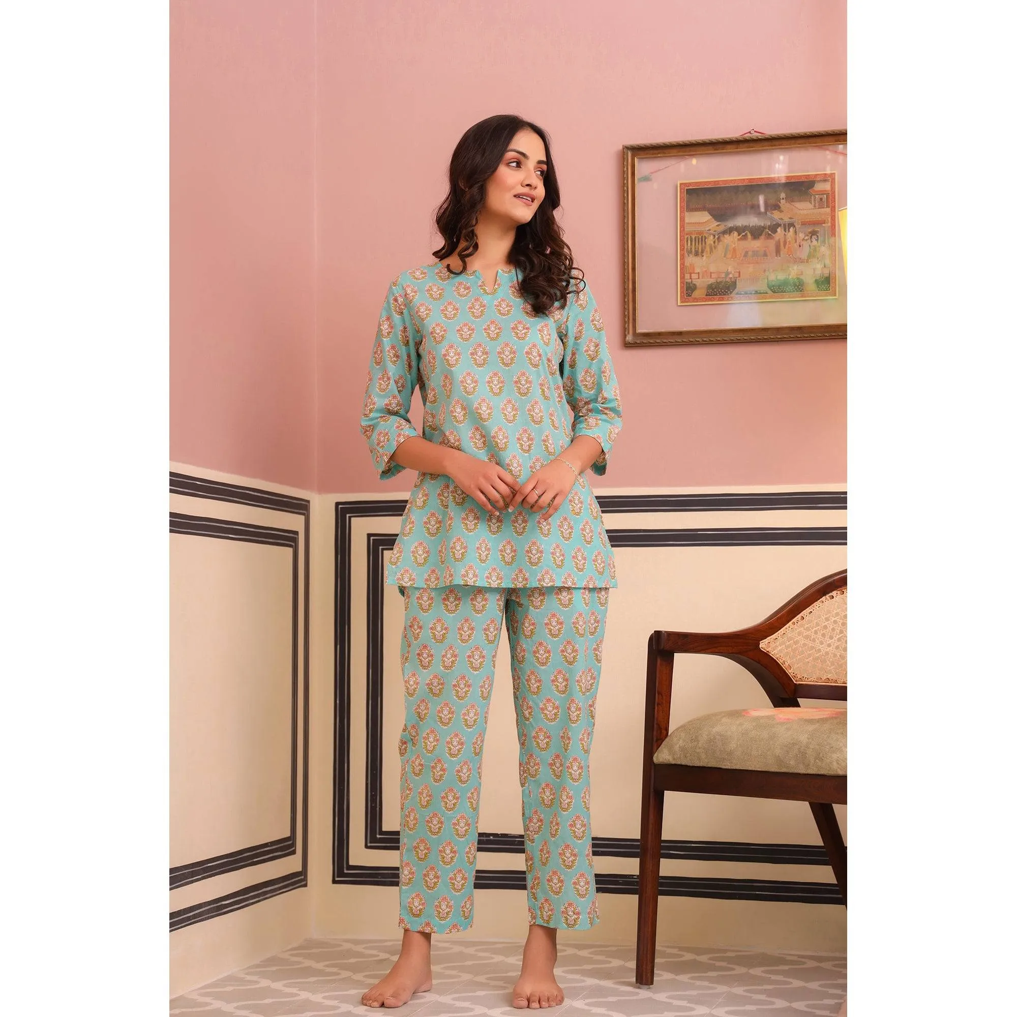 Bouquet Motif on Sky Blue Loungewear Set