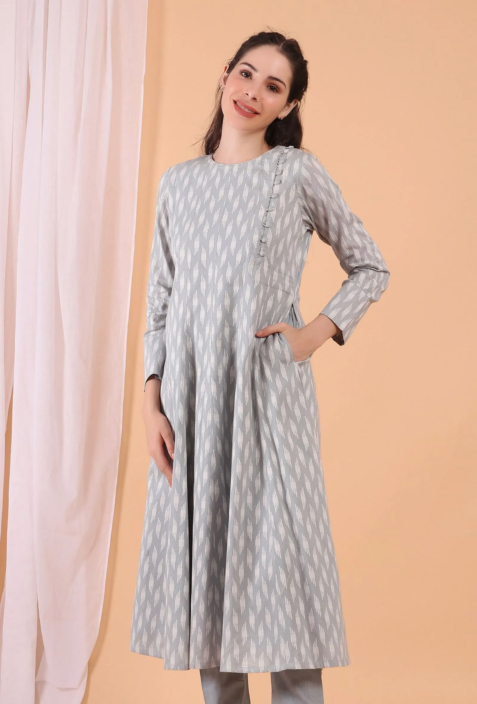 Cadet Grey Cotton Woven Kalidar Dress