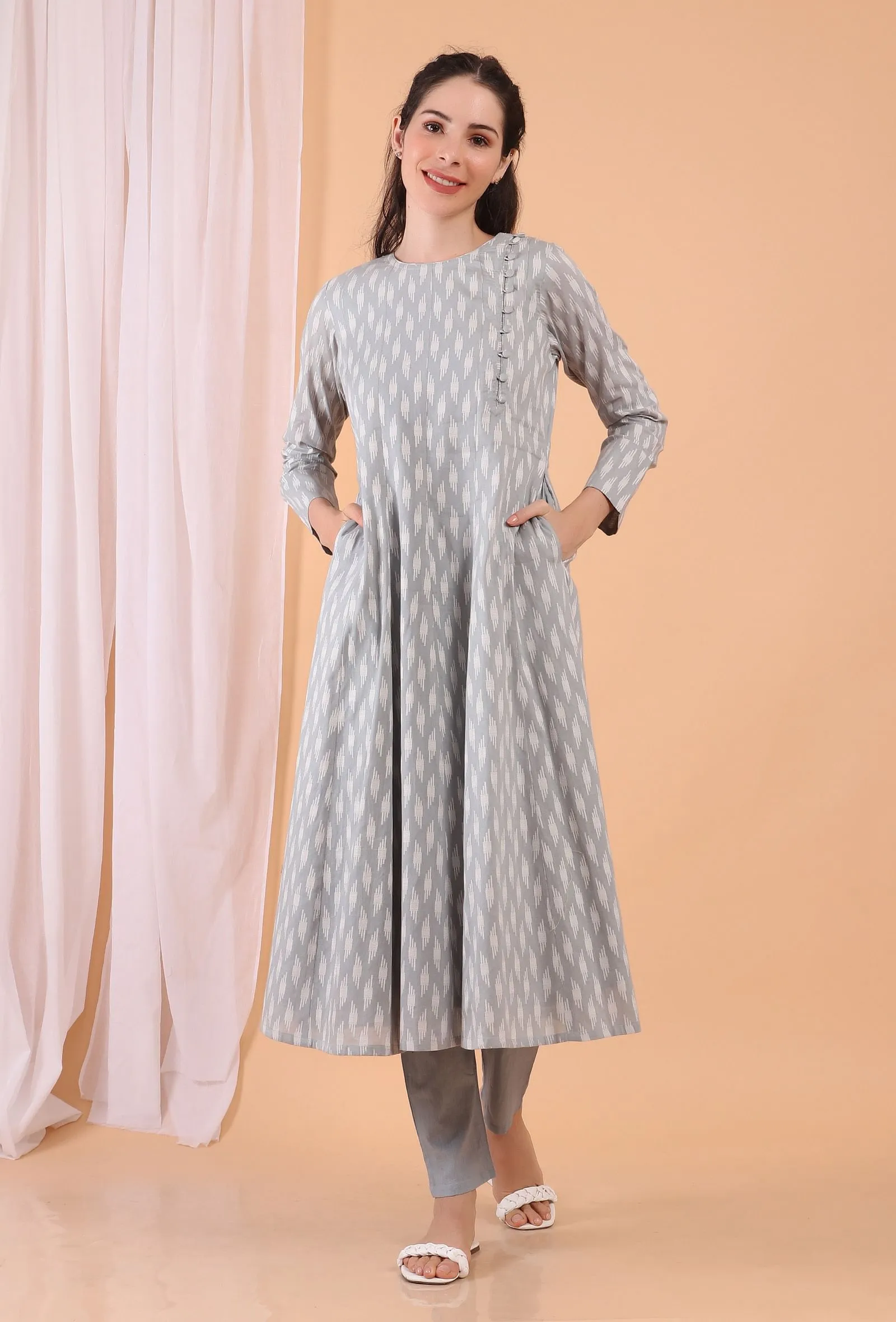 Cadet Grey Cotton Woven Kalidar Dress