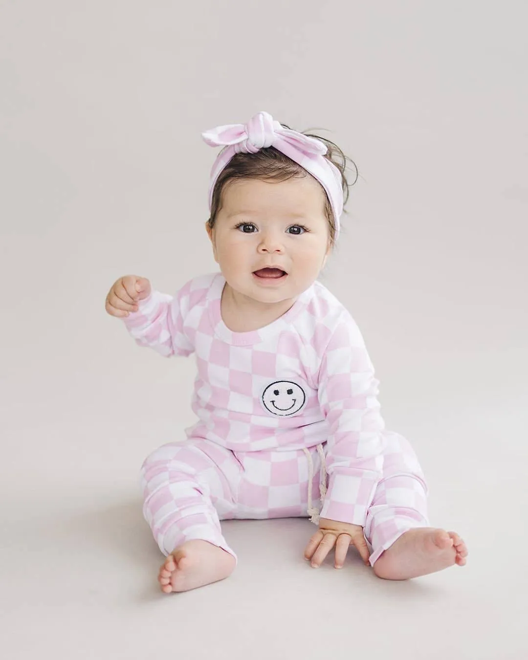 Checkered Smiley Lounge Set | Pink