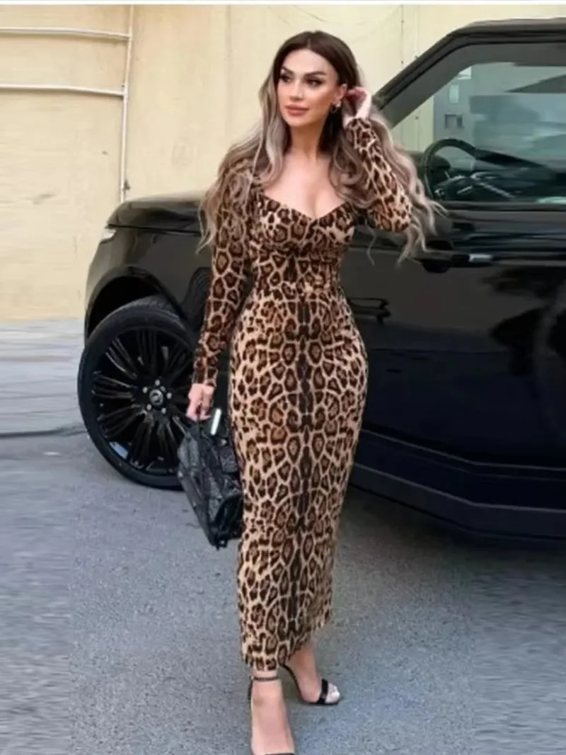 Chic Leopard Printed Low Cut Maxi Dresses Women Elegant Long Sleeve Wrap Hip High Waist Bodycon Robes Female 2024 Party Vestidos