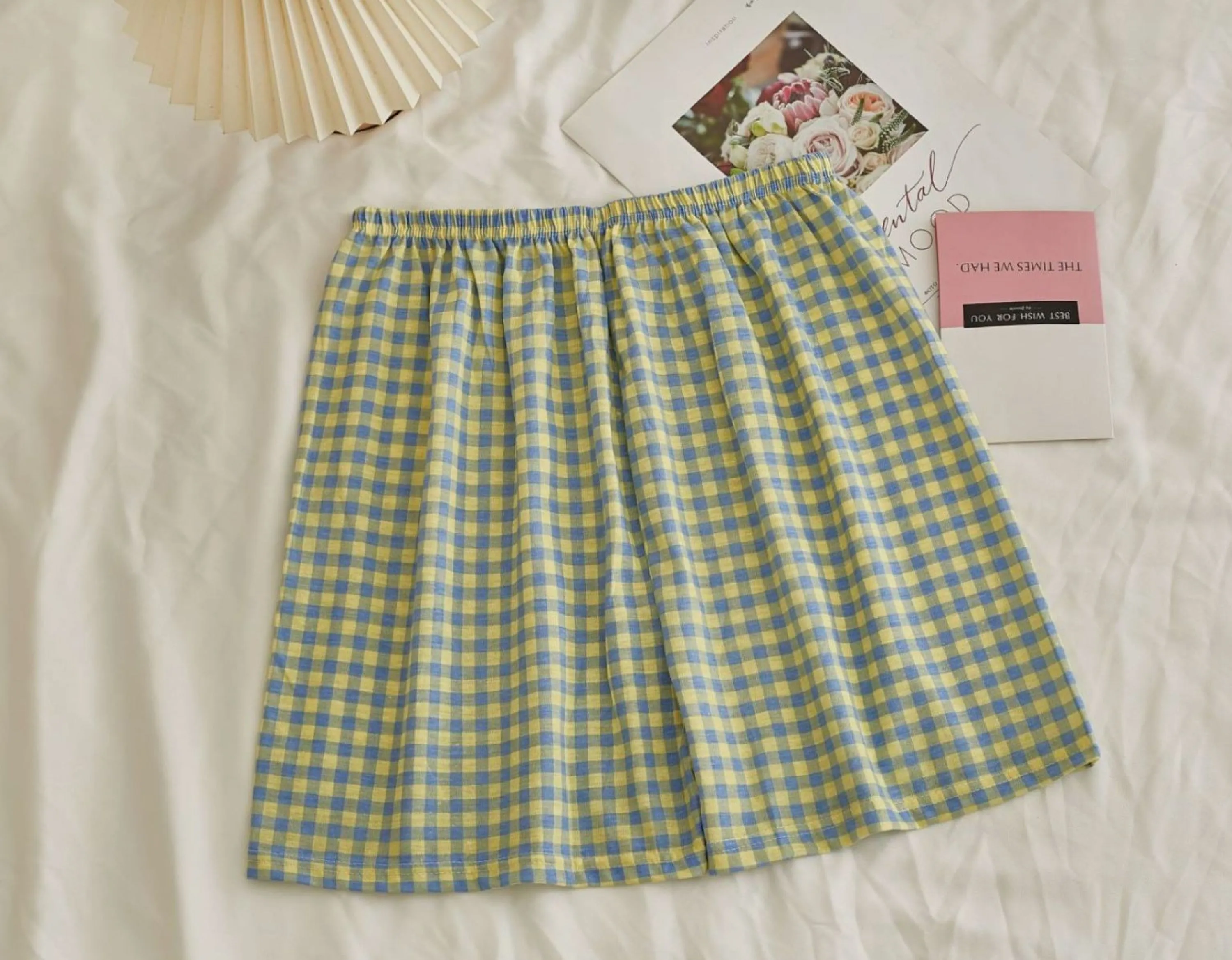 Comfy Padded Tank Shorts Set / Blue Top   Green Gingham