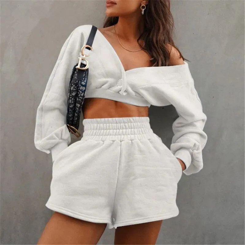 Cotton V Neck Long Sleeve Short Sets