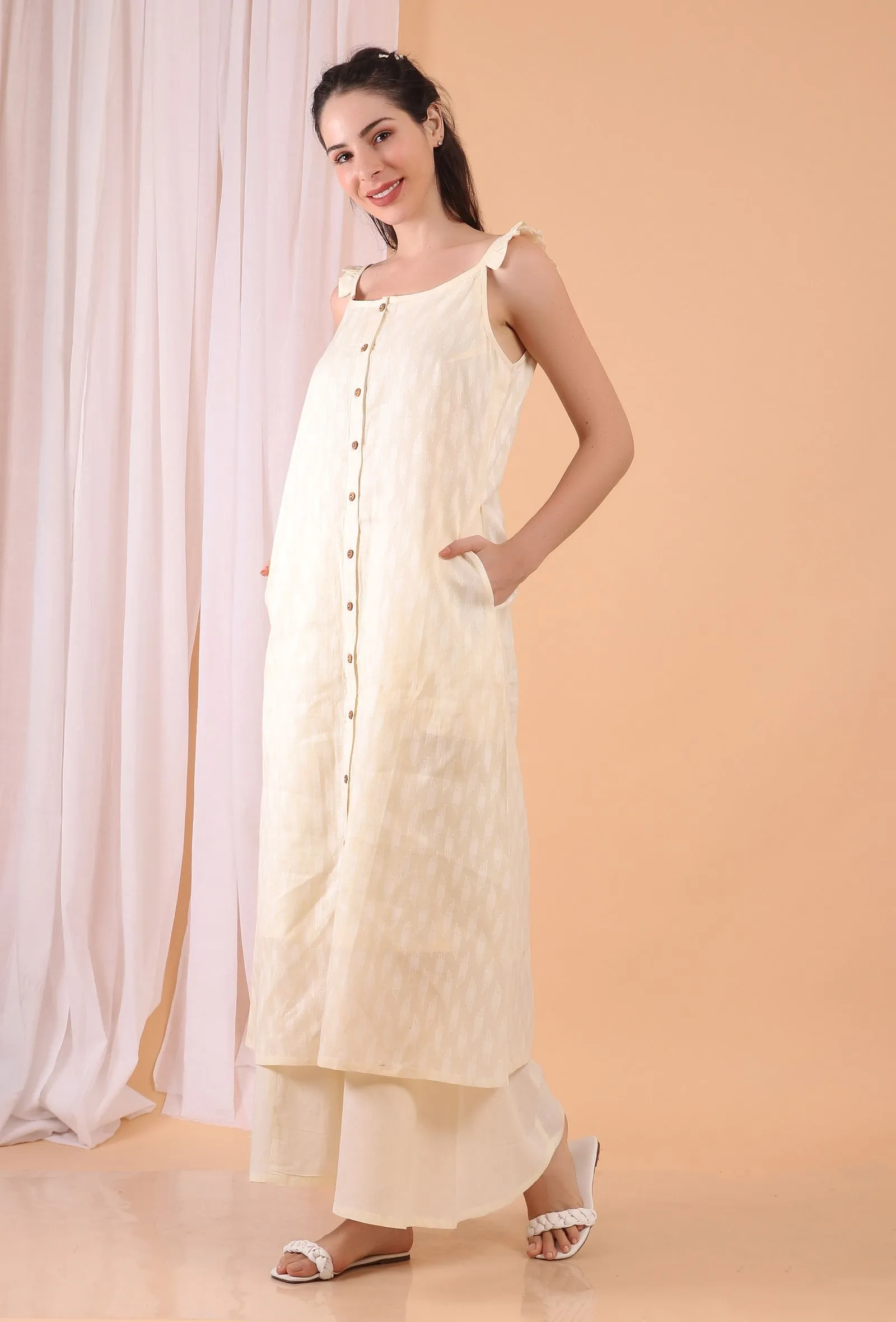 Cream White Front Woven Cotton Dress