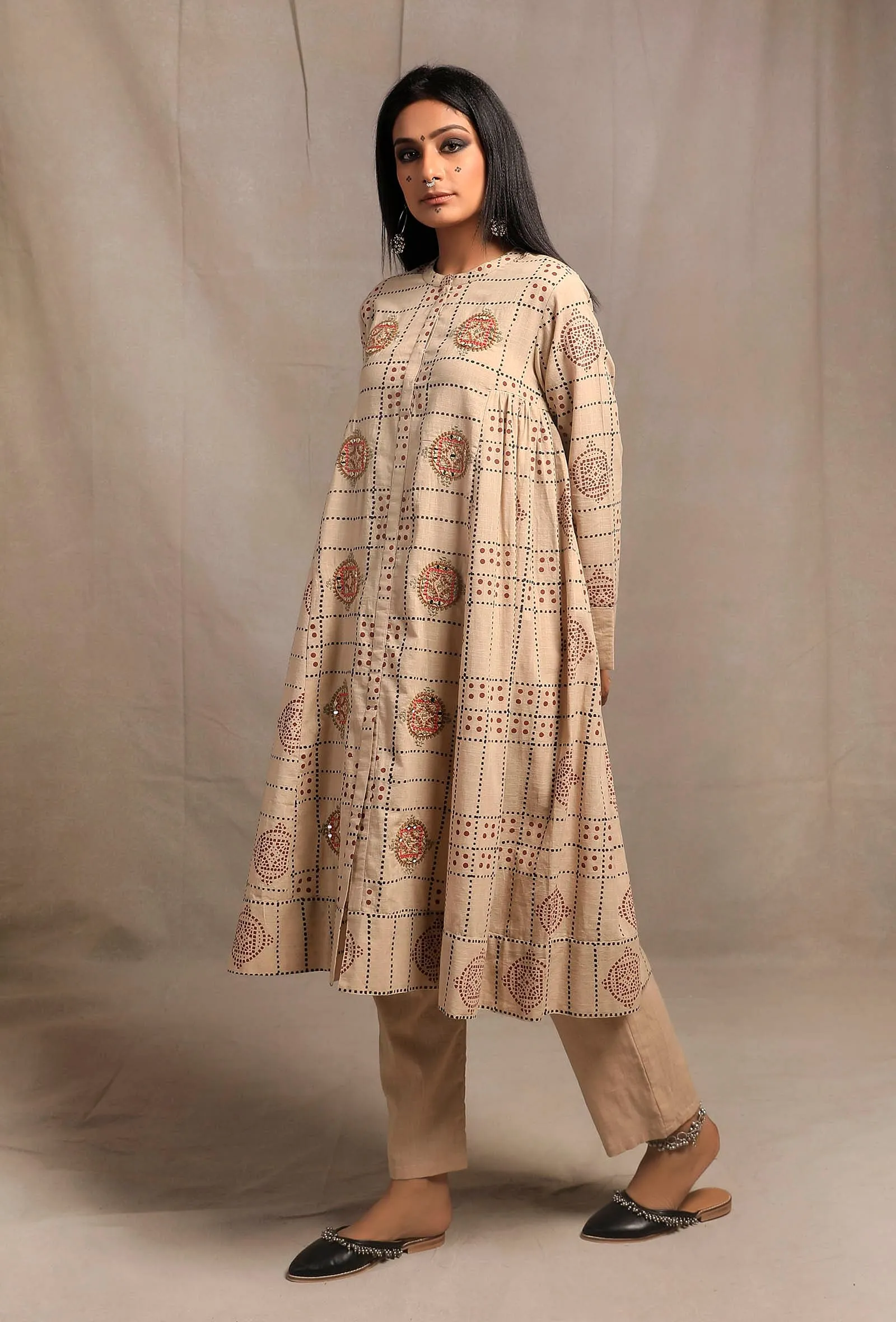 Ecru Hand block Printed Bust-side Gathered Tunic Dress