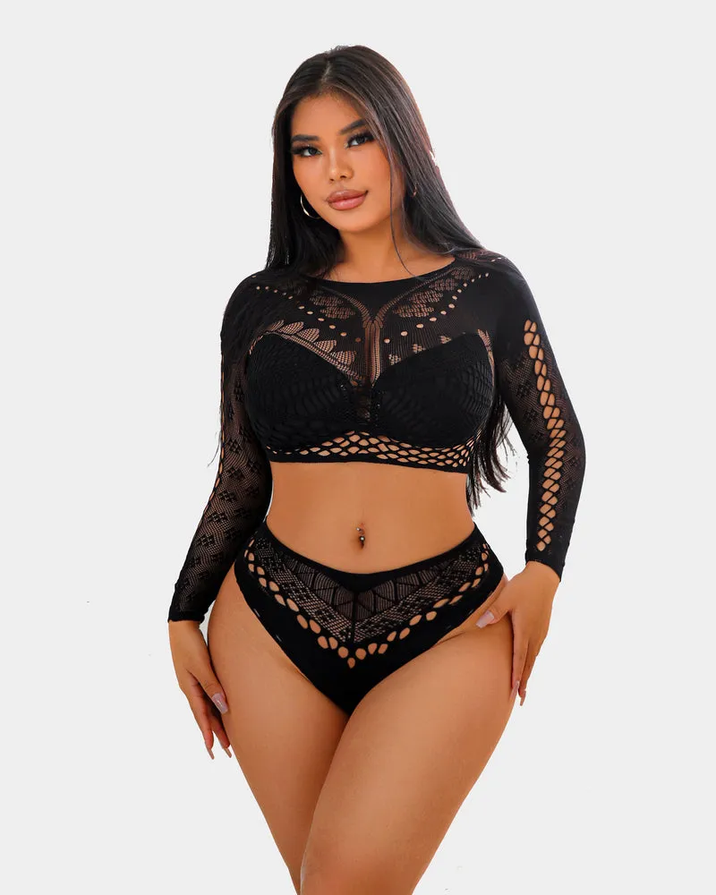 Fishnet Long Sleeve Two Piece Set