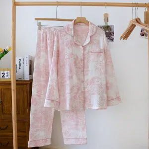 French Cottage Long Sleeves and Pants Cotton Pajama Set / Pink