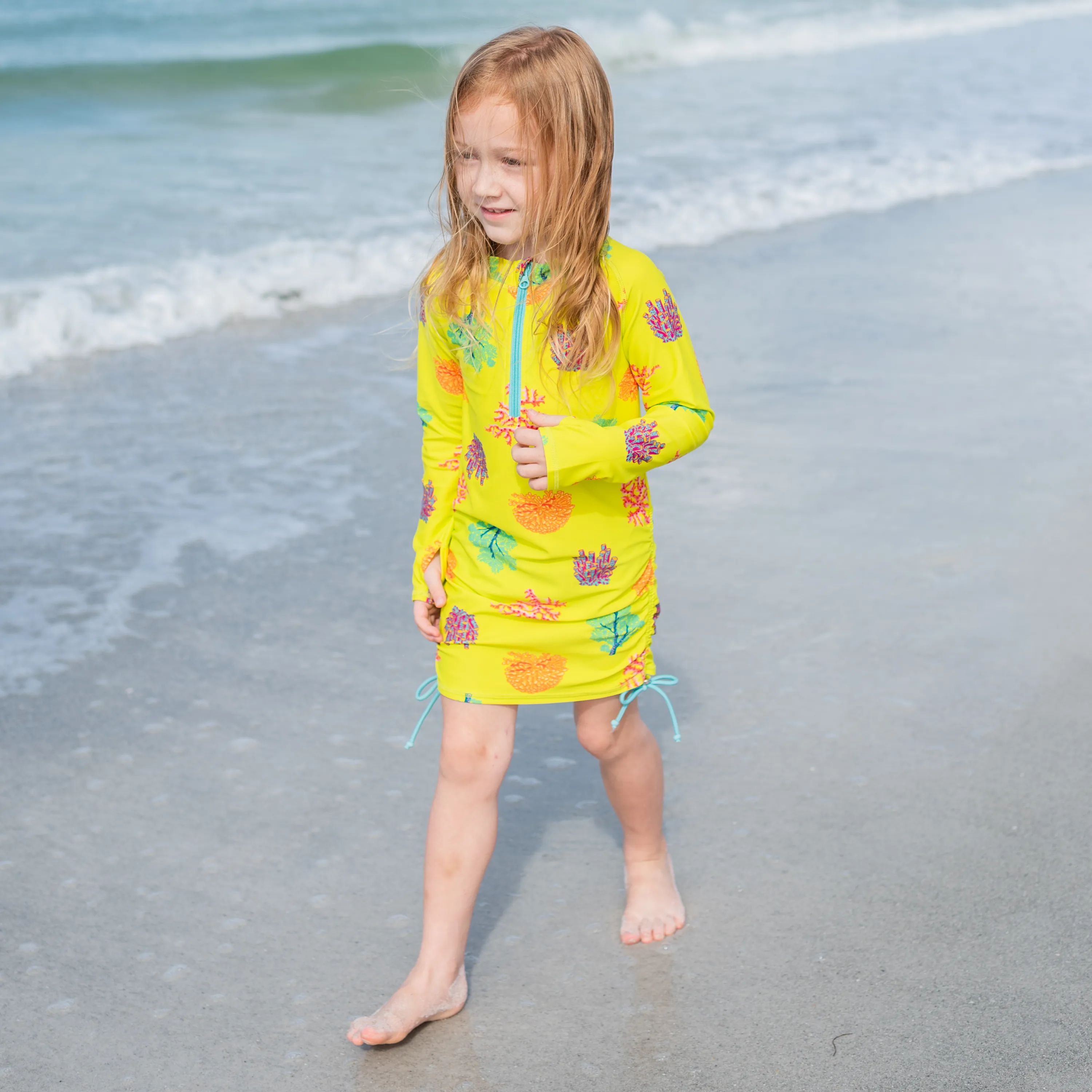 Girls Long Sleeve Swim Dress Cover Up | "Coral"