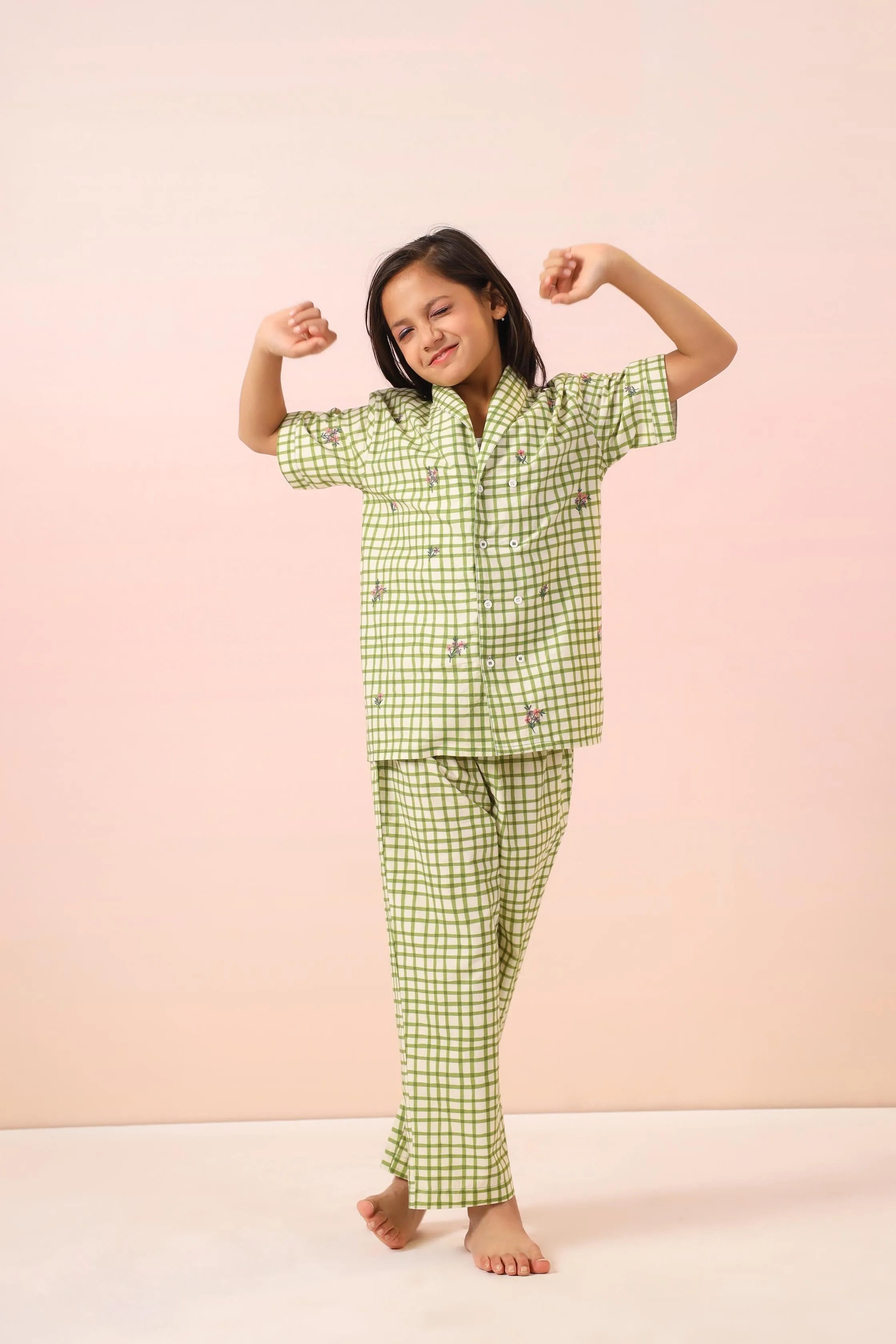 Green Checks Girls PJ Set