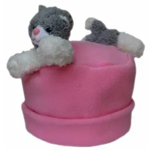 Grey & White Kitty on Pink Fleece Buddy Hat